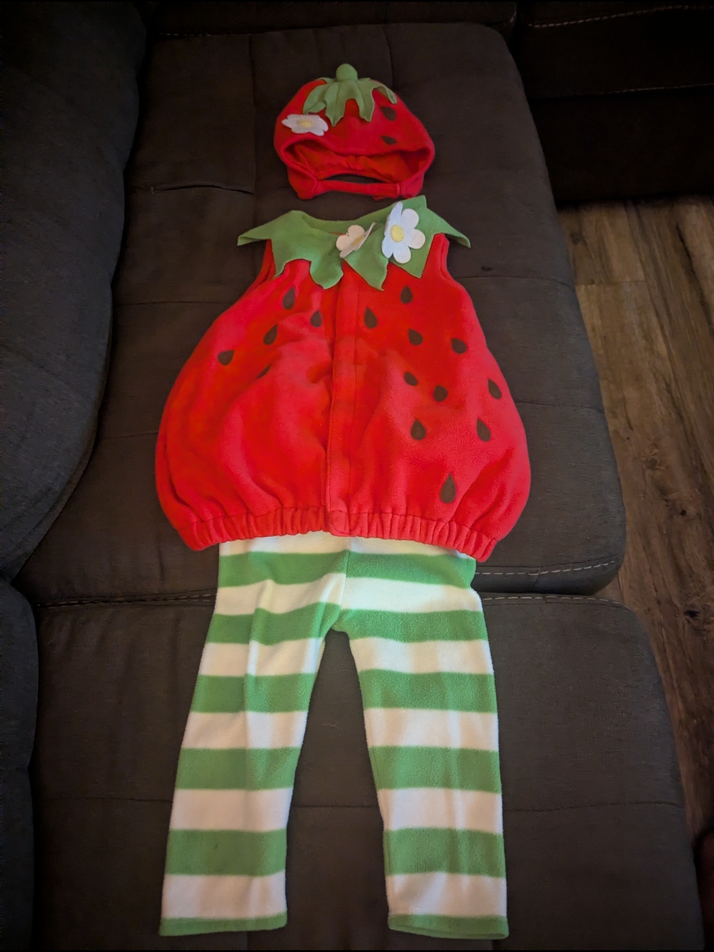 Strawberry Kids Costume with Green Striped Leggings & Hat Toddler Sz 12-24m